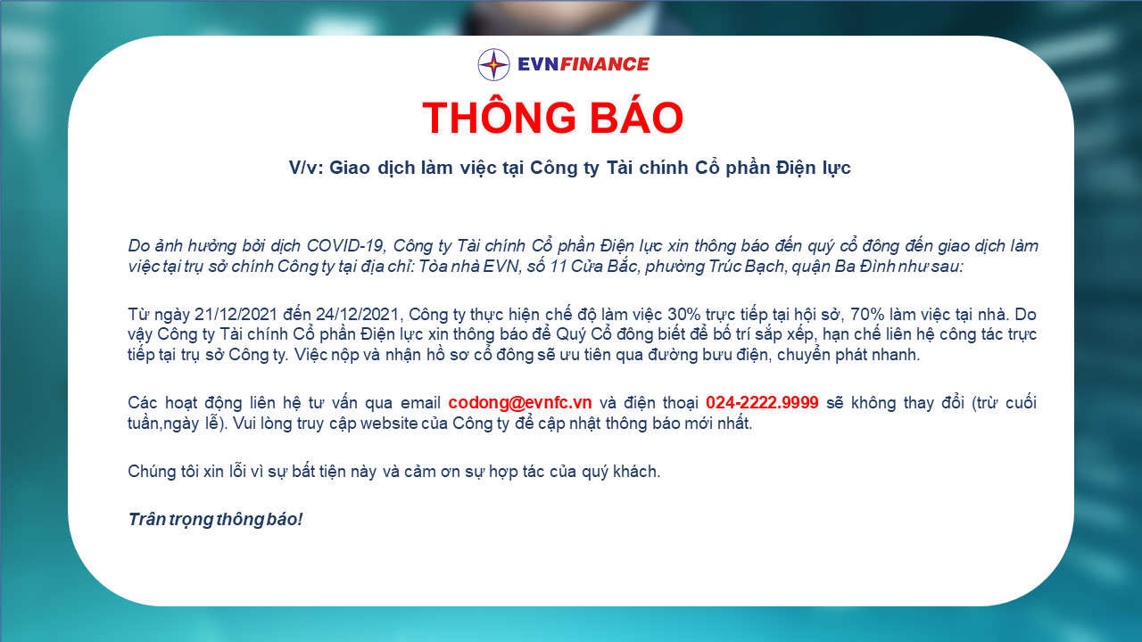 EVNFinance thông báo tạm dừng giao dịch trực tiếp tại trụ sở Công ty